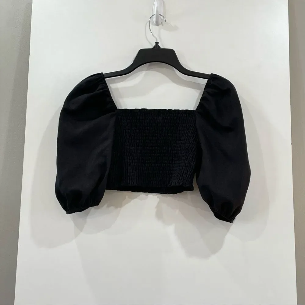 Reformation,Linen Smocked Crop Blouse, Black